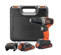 BLACK+DECKER Taladro percutor inalámbrico de 18V y 2 velocidades con dos baterías de 1,5Ah y cargador de 400mA, par de 45Nm, luz de trabajo LED y maletín, BCD003C2K-QW