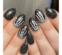 Black Eerie Framework Persist Hoofs Halloween Falsos Hoofs Short Elipsoidal ABS Unguis Art Reciclable No Mortal para Fiestas Uso Diario Halloween Truco De lo contrario Tratar Pezas