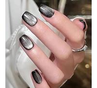 Black False Nails French Cat Eye Press on Nails Square Glitter Stick on Nails Short Fake Nails 24pcs for Women and Girls (Color : D, Size : 1 count (Pack of 1))