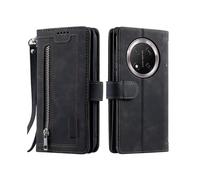 (Black) For Honor Magic7 Lite 5G/ X9c 5G Case PU Leather Phone Cover with Zipper Wallet 9 Card Slots