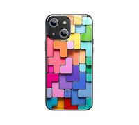 (Black)For Iphone 14 Colorful Toy Bricks Pattern Shockproof Glass Phone Case