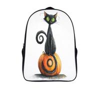 Black Gato with Green Ojos And Pumpkin Mochila Escolar Para Infantil Estilo garabato Niño Niña,Alta Capacidad Mochilas Viaje De Bolsas Para 16 inch