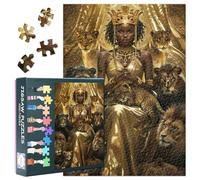 Black Girl Jigsaw Puzzle para adultos 1000 piezas, hermosa mujer africana en un vestido dorado con una corona dorada rodeada de cachorros de león, rompecabezas, 50 x 70 cm