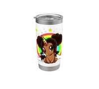Black Girl Magic Unicorn Afro Puffs, piel marrón, arcoíris para niños Vaso térmico de acero inoxidable de doble pared