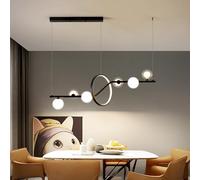 Black Glass Globe 6-Lights Chandelier with Circular LED Light Strip Kitchen Island Linear Hanging Lamp Cafe Ceiling Pendant Lighting for Over Table Living Room Bedroom(Black,Warm