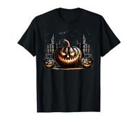Black Halloween Castle Decor Jack O Lantern Pumpkin and Bats Camiseta