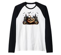 Black Halloween Castle Decor Jack O Lantern Pumpkin and Bats Camiseta Manga Raglan