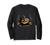 Black Halloween Castle Decor Jack O Lantern Pumpkin and Bats Manga Larga