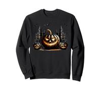 Black Halloween Castle Decor Jack O Lantern Pumpkin and Bats Sudadera