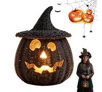 Black Handwoven Seagrass Pumpkin Lanterns for Spooky Halloween Candy Storage,Rustic Wicker Jack O Lantern Decor with Witch Hat Lid,Rattan Candle Holder Basket for Fall Home Decor (B,16 * 16cm(Resin))