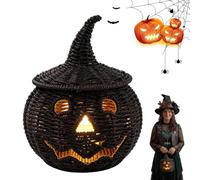 Black Handwoven Seagrass Pumpkin Lanterns for Spooky Halloween Candy Storage,Rustic Wicker Jack O Lantern Decor with Witch Hat Lid,Rattan Candle Holder Basket for Fall Home Decor (D,16 * 16cm(Resin))