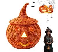 Black Handwoven Seagrass Pumpkin Lanterns for Spooky Halloween Candy Storage,Rustic Wicker Jack O Lantern Decor with Witch Hat Lid,Rattan Candle Holder Basket for Fall Home Decor (C,22*26cm(Weaving))