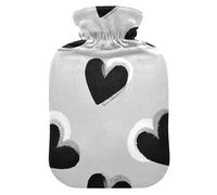 Black Hearts - Botella de agua con patrón gris para agua caliente con cubierta suave, compresa caliente de 2 litros para calentador de abdomen, terapias frías y calientes, compresas calientes para el