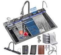 Black Kitchen Sink 1 Multifunctional Singlel, Modern Stainless Steel Kitchen Sink Waterfall, with Drainage Component, Cutting Board, Cup Washer, Soap Dispenser, faucet and LED display (75x45x22cm)