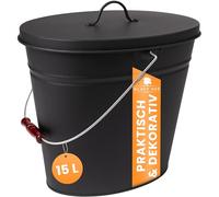 BLACK OAK Ascheeimer Vesuvio 15L - negro ovalado con tapa - grande 15 litros - acero resistente al fuego galvanizado y con recubrimiento en polvo, cubo para cenizas y carbón, accesorio ideal para