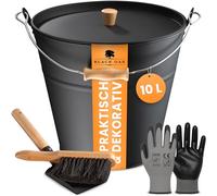 BLACK OAK Cubo de ceniza Fuego 10 l - negro con tapa con mango de madera + cepillo + pala y guantes - 10 l acero galvanizado y recubierto de polvo cubo para cenizas, carbón, pellets accesorios