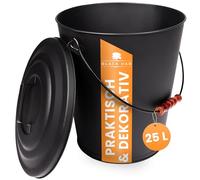 BLACK OAK Cubo de cenizas Santorini, 25 l, negro con tapa, XXL, extra grande, 25 litros, acero galvanizado a prueba de fuego, con recubrimiento de polvo, ceniza y carbón, accesorio ideal para chimenea