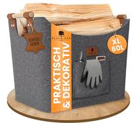 BLACK OAK Montana XL 60L - Cesta de fieltro y cesta de madera para leña de chimenea - Aplicación de piel auténtica + asas anchas + bolsillo frontal extra grande - Bolsa de fieltro plegable para madera