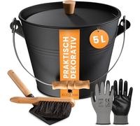 BLACK OAK Pago - Cubo para cenizas (5 L, con tapa con mango de madera, recogedor, pala y guantes, acero galvanizado y recubrimiento en polvo, 5 L, diseño moderno
