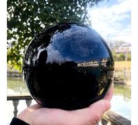 Black Obsidian Ball with Wood Stand Black Crystal Ball Polished Stone Sphere Orb Figurine Decor for Home Decor,Fortune Teller,18cm/7.1in