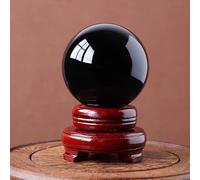 Black Obsidian Stone Sphere with Wooden Stand, Polished Crystal Ball Decoration for Home & Office,Black,60mm