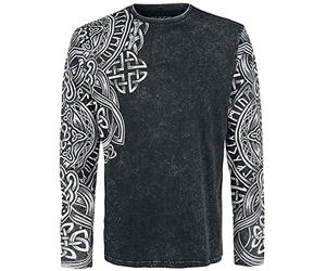 Black Premium by EMP Hombre Camiseta Negra de Manga Larga con Lavado y Estampado XL