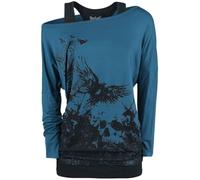 Black Premium by EMP Mujer Camisa de Manga Larga Negro-Azul con Estampado de Doble Capa