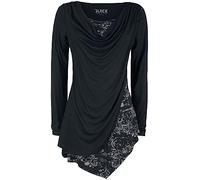 Black Premium by EMP Mujer Camisa Negra de Manga Larga con Escote Cascada y Estampado