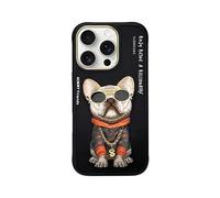 (Black Pug Dog, Multicolor) NIMMY for iPhone 16 Pro Case Embroidery PU Leather+PC+TPU Phone Cover - Grey Hoodie Cat