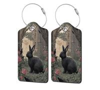 Black Rabbit in The Rose - Etiqueta de equipaje de jardín para maleta, paquete de 2 etiquetas de equipaje de cuero con solapa de privacidad, etiqueta de identificación de nombre y lazo de metal para