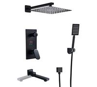 Black Rain Shower System LED Digital Display Shower Faucet Set with Rotatable Tub Spout, Wall Mounted Shower Combo Set Brass Single Handle Rain Mixer Shower with Handheld Shower, Shower Head