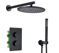 Black Rain Shower System Thermostatic Shower Faucet Set with Rotatable Tub Spout, Wall Mounted Brass Shower Combo Set Single Handle Rain Mixer Shower with Round Shower Head, Handheld Shower,