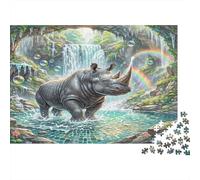 Black Rhinoceros 1000Pc Jigsaw Puzzle for Adults Rhino at Waterfall with Rainbow Impossible Hard Difficult & Educational Decompression 70x50cm/1000pcs