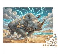 Black Rhinoceros 1000Pc Rompecabezas para Adultos y Niños Rinoceronte Entre Relámpagos y Olas Decoración del Hogar | Gran Idea de Regalo 38x26cm/1000pcs