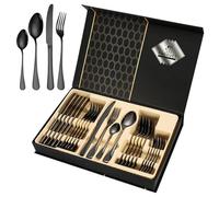 Black silverware set, Flatware Set 24 Piece, tableware set Gift Box, tableware sets includes Dinner-Knife, Fork, and Spoon(gift box consists of 6 colors) (Black)