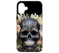 Black Skull with Flowers For Goth Women Floral Skull Graphic Carcasa para iPhone 16 Plus
