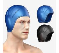 （Black)Sports Waterproof Swim Pool Cap Flexible Silicone Gel Ear Bathing Swimming Cap-r