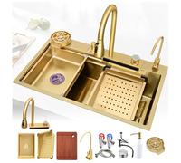 Black Stainless Steel Kitchen Sink - Top Mount Single Bowl Waterfall Sink with Pull out Faucet Drain Basket & Glass Cleaning - Modern Gold Finish 80