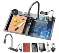 Black Stainless Steel Rectangular Waterfall Sink with Siphon Overflow & Drain Set - Modern Multifunctional Basin Accessory Set (85 x 45 cm)