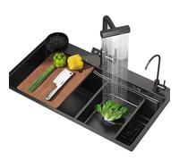 Black Stainless Steel Waterfall Kitchen Sink - Single Bowl with Digital Pull-out Faucet & Complete Accessories - 80X45X22CM Modern Design for Stylish Home Upgrade