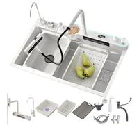 Black Stainless Steel Waterfall Kitchen Sink with Digital Display & Dual Mode Faucet - Multifunctional Kitchen Sink with Accessories (BS-80x45x22CM)
