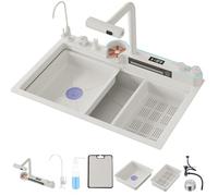 Black Stainless Steel Waterfall Kitchen Sink with Multifunctional Digital Display Dual Mode Faucet & Accessories - Modern 68x45x22CM for Stylish Home Renovation