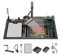 Black Stainless Steel Waterfall Kitchen Sink with Multifunctional Digital Display Dual Mode Faucet & Accessories - Modern 80x45x22CM Design for Stylish Home Upgrade