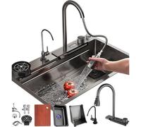 Black Stainless Steel Waterfall Sink - 68x45cm Multifunctional Single Bowl Workstation with Pull-out Faucet & Siphon Kitchen & Bar Use