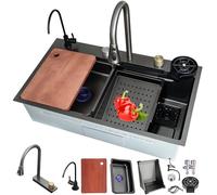 Black Stainless Steel Waterfall Workstation Sink - Multifunctional Top-Mount with Pull-out Faucet Siphon Overflow & Drain Set - Nano Coated Bar Sink for Kitchen & Bar Use