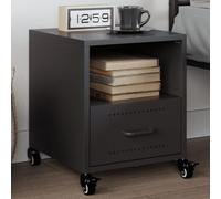 Black Steel Nightstand with Wheels and Drawer 36x39x43.5 cm, Modern Bedside Table for Bedroom, Cold Rolled Metal End Table with Storage Shelf, Easy to Move and Clean