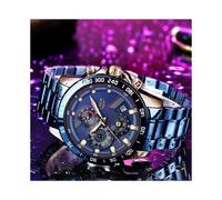 (Black steel with black rose) LIGE Men's Business Quartz Watch 3-Eye 6-Hand Multi-Function Chronograph Waterproof Wristwatch Black