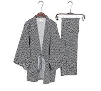 Black Sugar Kimono japonés tradicional para hombre, pijama 2 en 1, Obi Yukata Vague Fuji, blanco, L