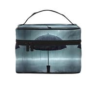 Black Umbrella in the Rain - Bolsa de maquillaje portátil de viaje (9 x 6.5 x 6.2 pulgadas), bolsa de maquillaje de gran capacidad para mujeres, bolsa de maquillaje grande para niñas, color negro
