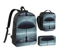 Black Umbrella In The Rain - Juego de mochila de 17 pulgadas para el almuerzo, estuche para lápices, bonito estampado, tela Oxford duradera.